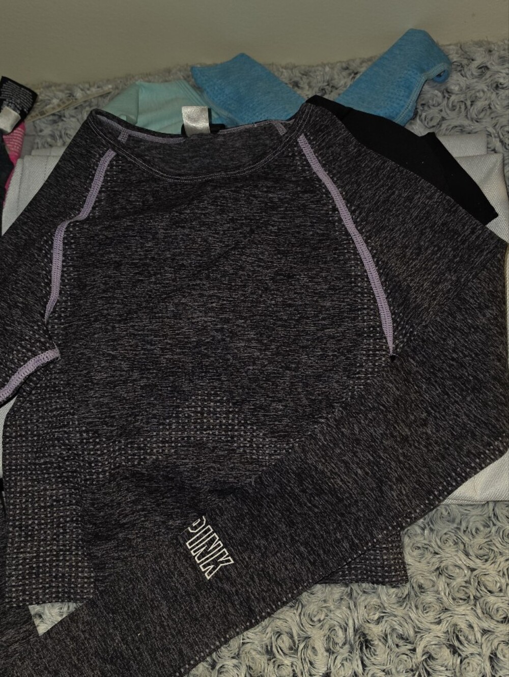 PINK Victoria's Secret Heathered Black Crop Top with Lavender Stitching